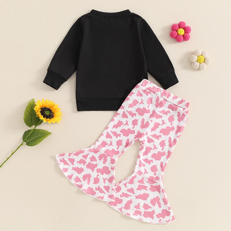 Baby Girls Birthday Pant Set Letter Print Long Sleeve Tops Cow Print Long Flare Pants Outfits