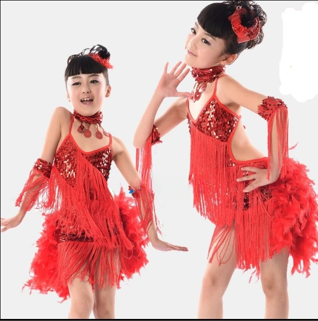 Robe de danse latine professionnelle pour enfants, robe de concours de danse de salon pour filles, robe de danse Suladin à nouveau flux de plumes à paillettes