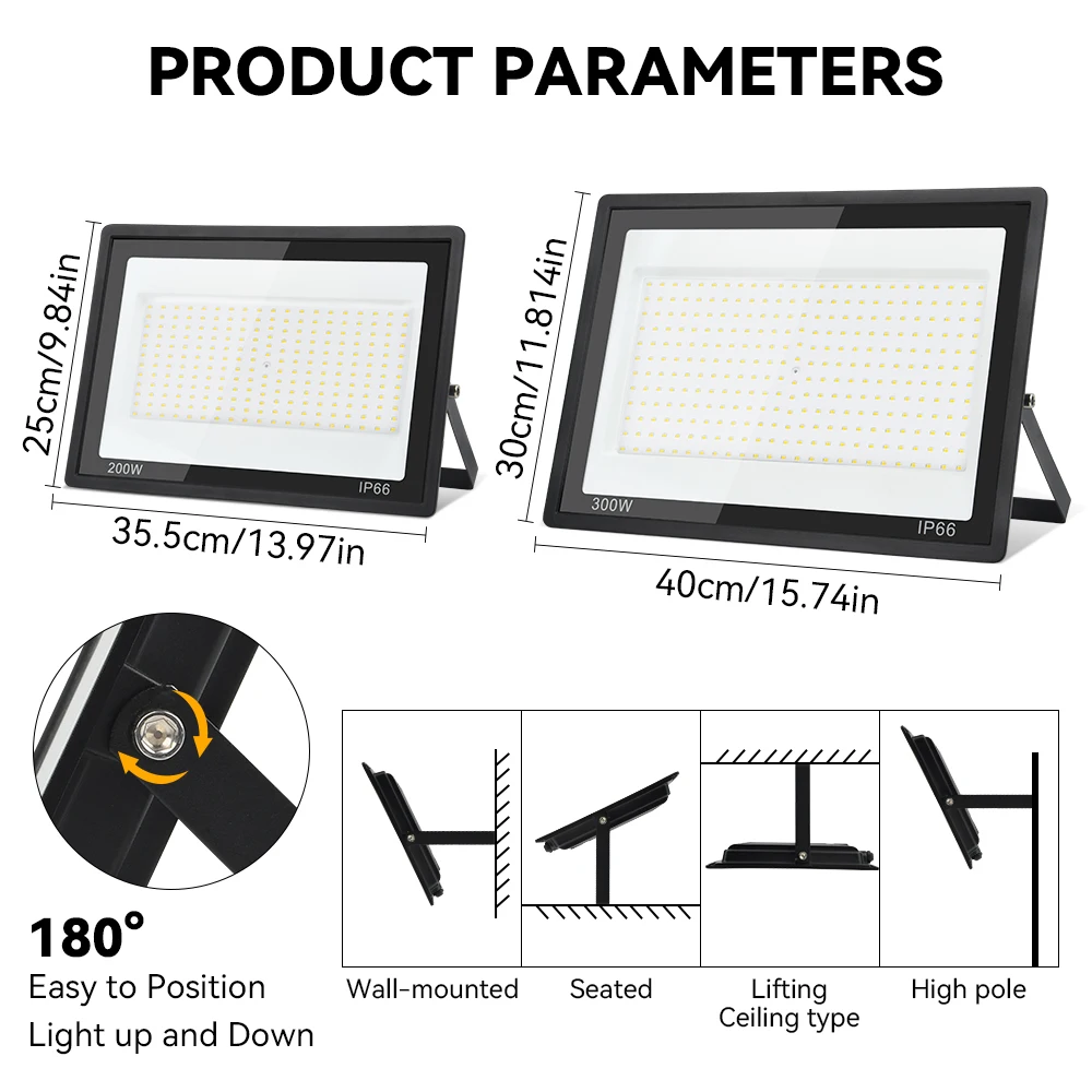 Imagem -04 - Brilho Alto Projetor Led 200w 300w Ip66 Impermeável Spotlight Led Refletor Branco Frio Luz Forte ac 85265v para a Iluminação Exterior da Rua do Pátio do Jardim da Parede