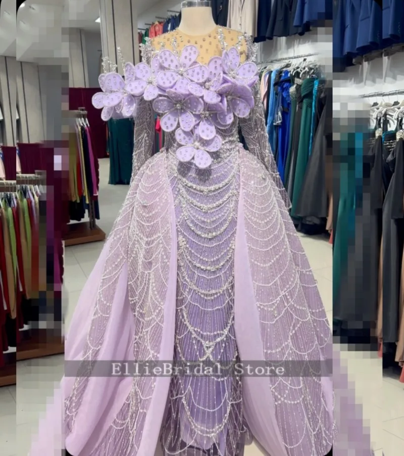 

2 in 1 Detachable Lilac Evening Dresses Long Sleeve Sheer Neck Engagement Dress Flowers Prom Gowns Party Outfits Customized