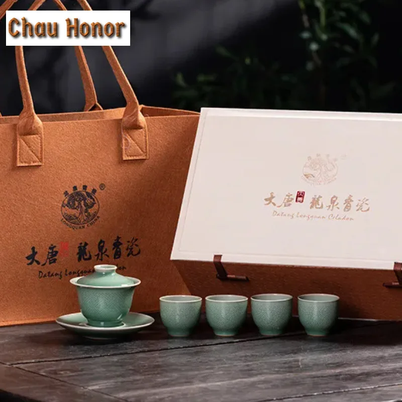 

Зеленый чайный сервиз Longquan Celadon, полный набор, бутик, набор для чайной церемонии, чайник для заваривания чая и набор чайных чашек, посуда, ремесло