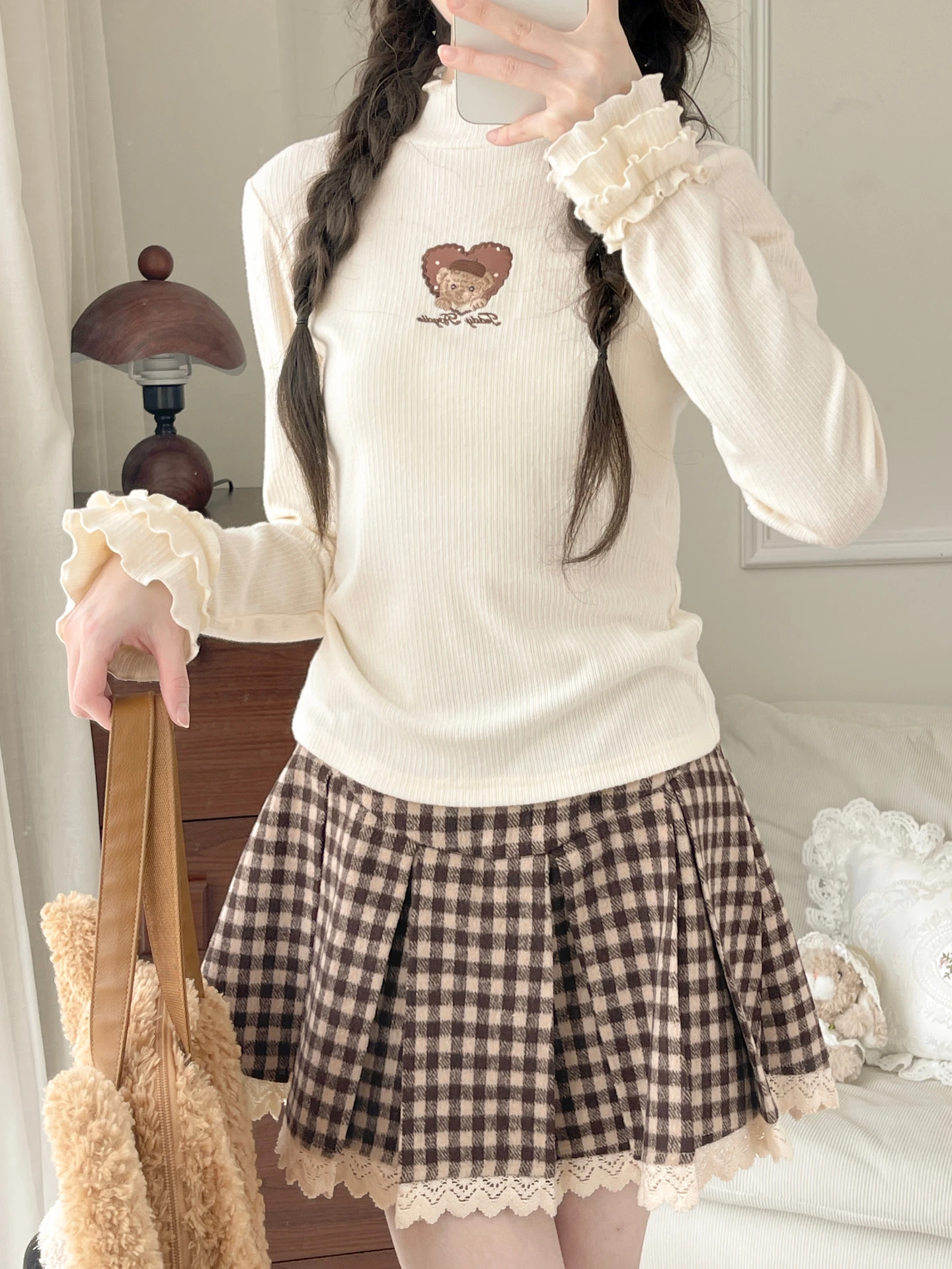 High Waist A-Line  Skirt with Lace Design Plaid College Style Women's Slimming Skirts Autumn Season Sweet Style