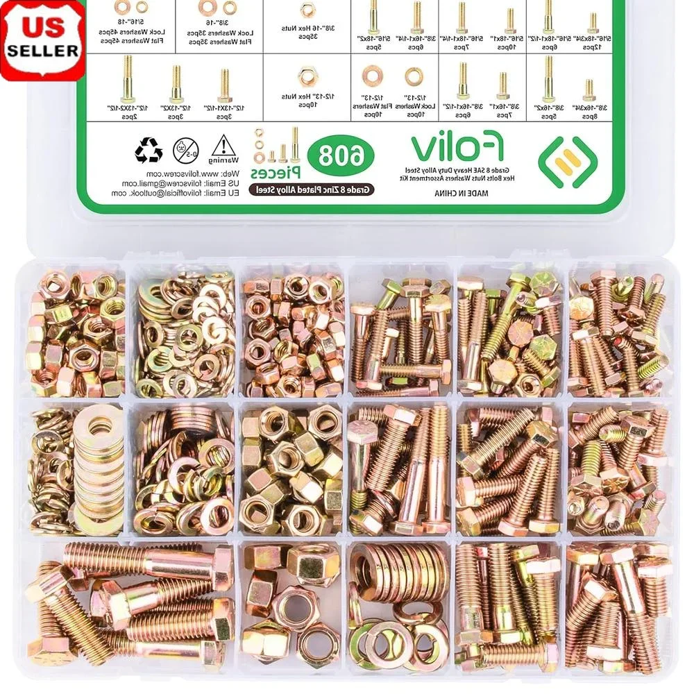 

Grade 8 608pcs Bolts Nuts Washers Set Heavy Duty SAE Hex Fasteners Automotive Repairs Machinery Furniture DIY Projects