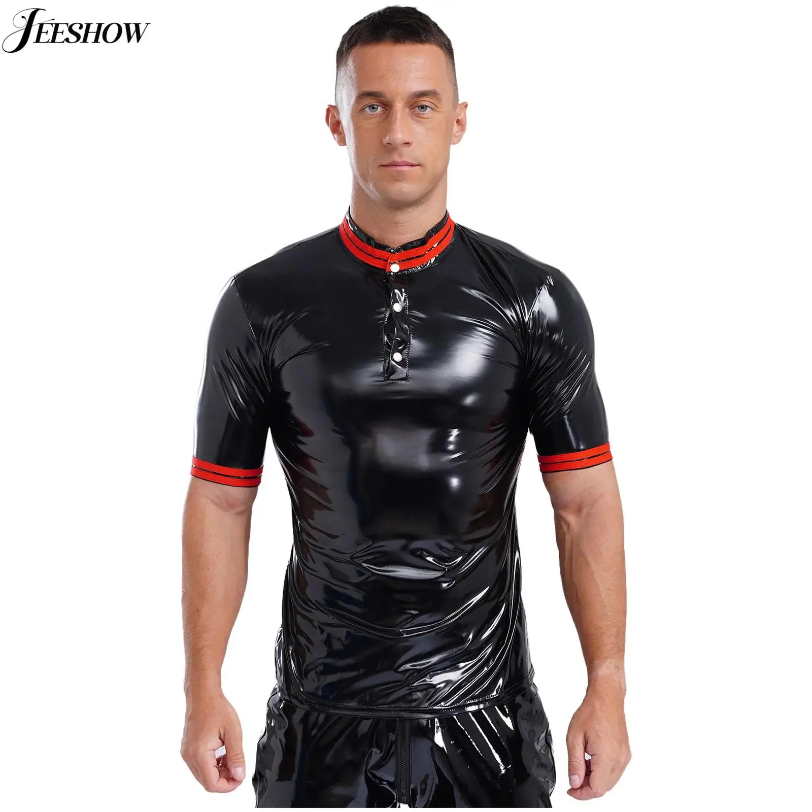 

Mens Shiny PU Leather Short Sleeve Shirt Top Contrast Color Button Up Compression Shirt Night Club Showing Muscle Slim Fit Tops