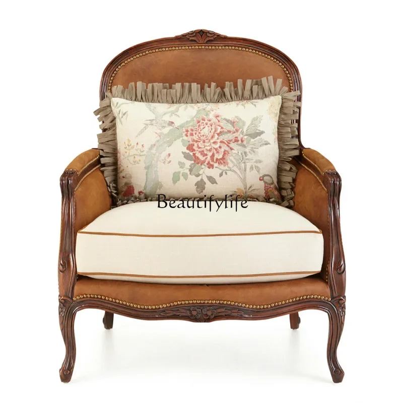 

ls 27 American solid wood sofa chair European high back French living room villa single leather cloth leisure chair