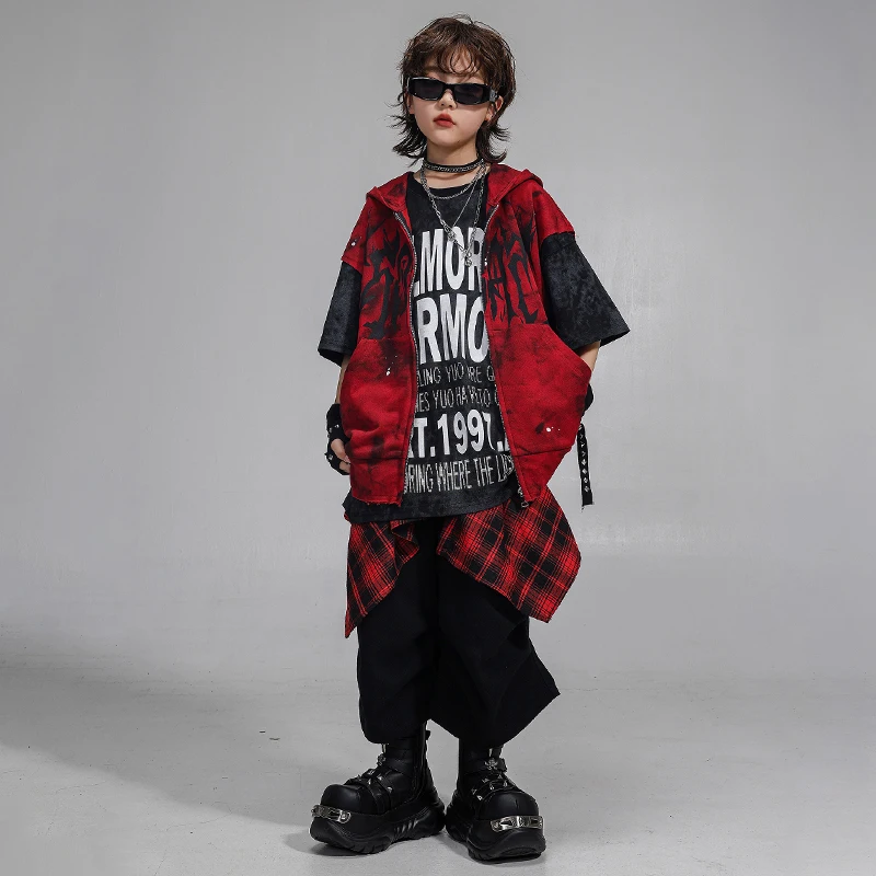 Boys Hip Hop Dancing Graffiti Hooded Vest Sweatshirt Street Dance Short Girls K-pop Costume Kids Streetwear Children Clothes Set
