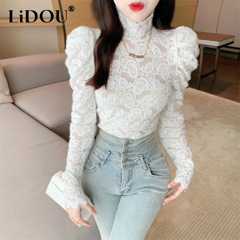 2023 Autumn Winter New Solid Color Fashion Blouse Women Turtleneck Elegant Long Sleeve Pullovers High Street Lace All-match Tops