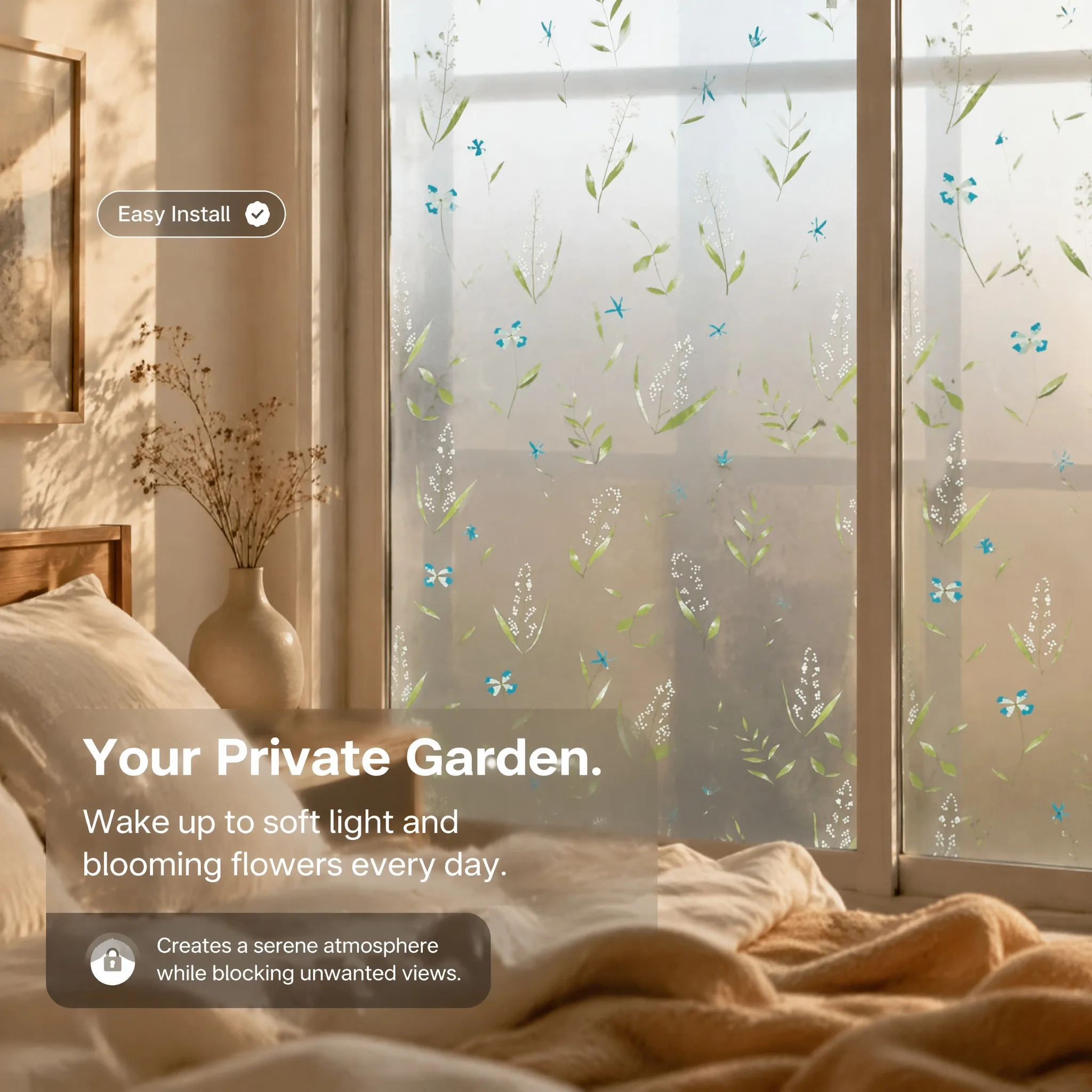 Blue Wildflower Design Self-Adhesive Frosted Privacy Window Film Decorative Glass Sticker for Kitchen Bathroom