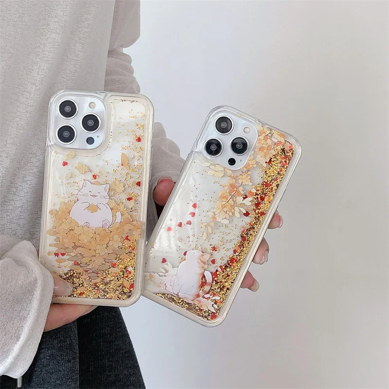 Brilliant Dynamic Quicksand Case for iphone 15 14 Pro Max 16 Soft Clear Funda Cartoon Cute Cat Cover Shine Gold Sand Phone Capas