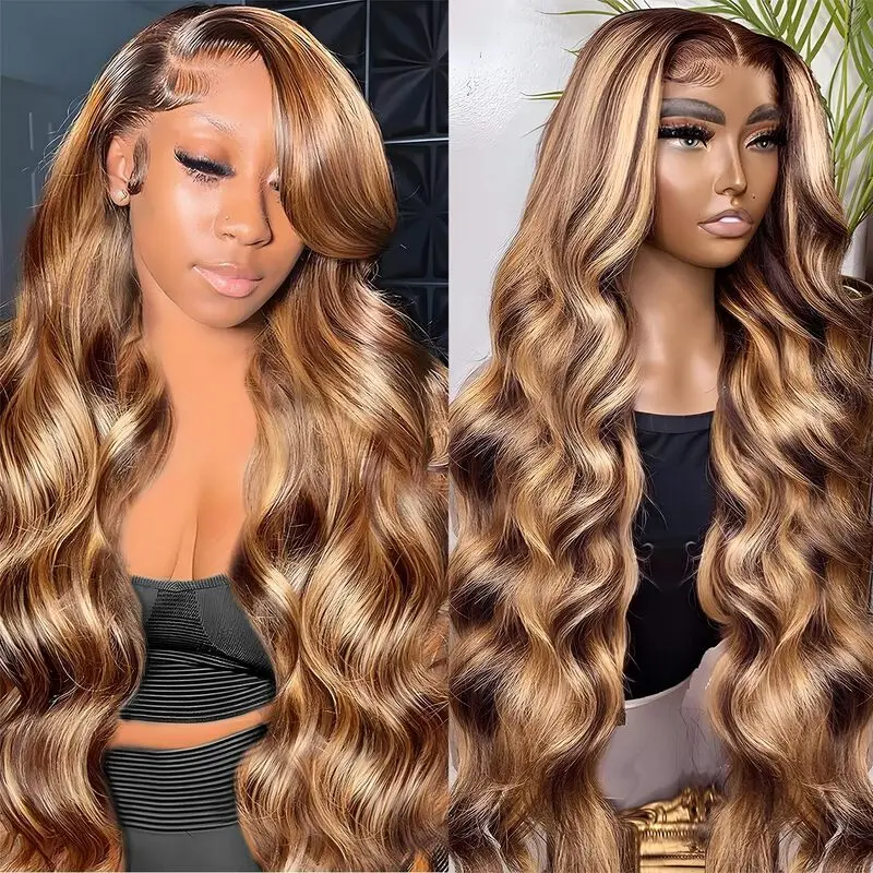 Ombre Honey Blonde Highlight Human Hair Wigs 13x4 HD Lace Front Wig Human Hair Pre Plucked 4/27 Body Wave Frontal Wigs Real Hair