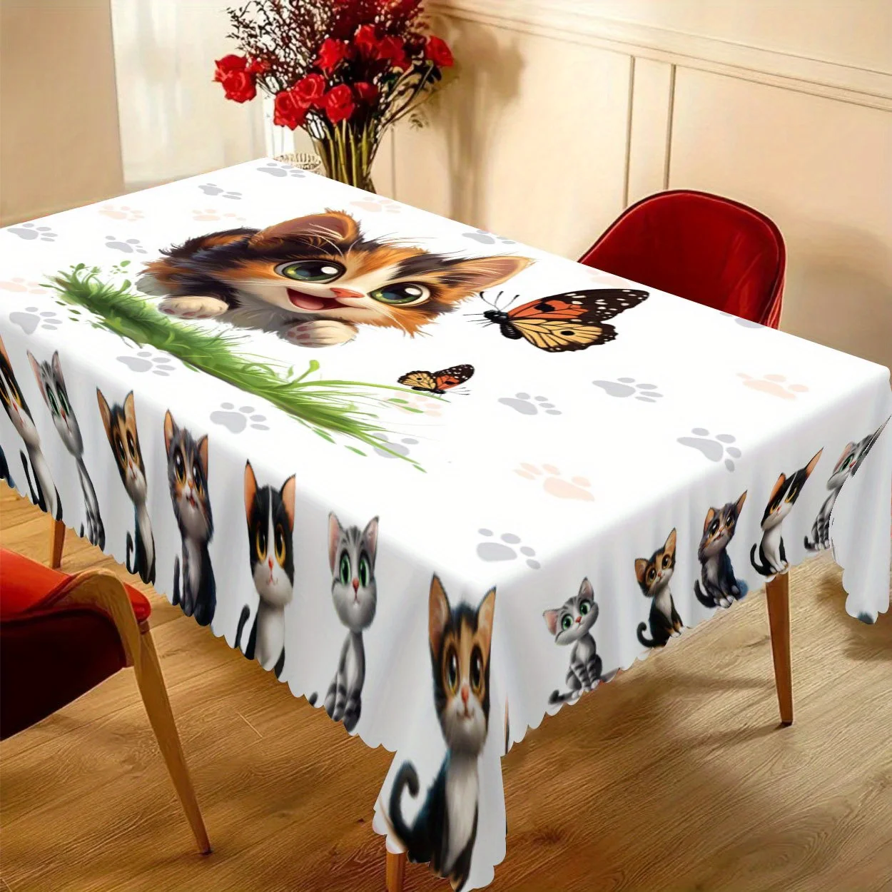 One cartoon cat chasing a butterfly pattern and paw print polyester tablecloth - anti-wrinkle.PMJ