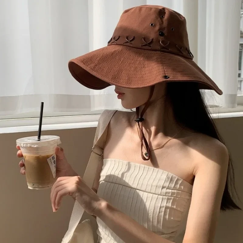 

American Retro Suede Western Cowboy Hat Women Wear Summer Outdoor Mountaineering Big Brim Sun Hat Sun Protection Bucket Hats