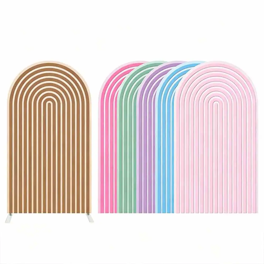 Arch Cover U Shape Pastel Striped Double Sided Backdrop Photography Background for Kids Brown Pink Blue Birthday Party Decor