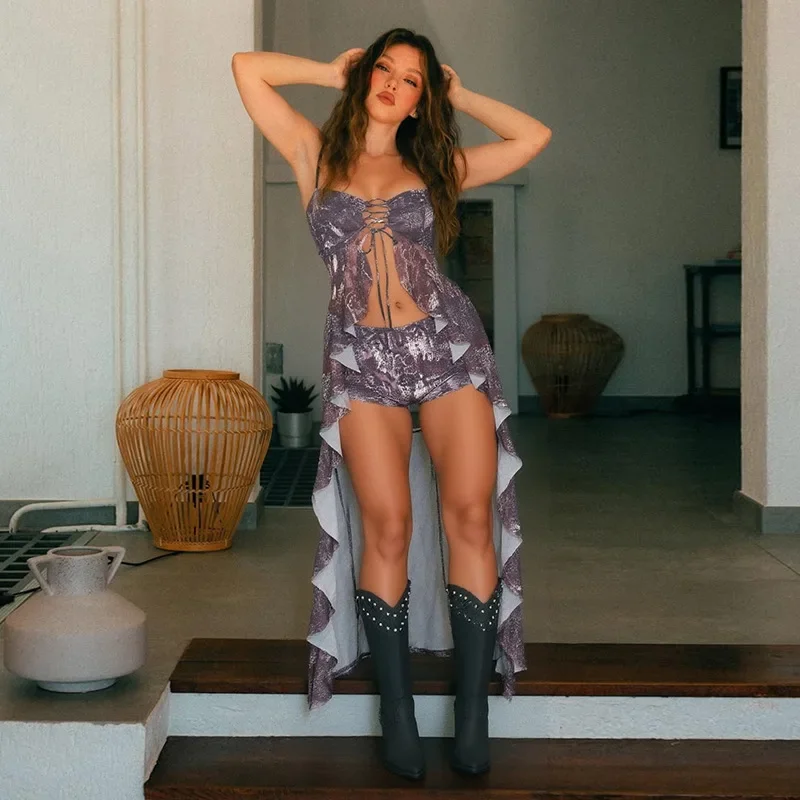 

Women Sexy Serpentine Print Summer Holiday 2 Piece Set Ruffles Lace Up Spaghetti Straps Long Cardigan Top + Shorts Clubwear Suit