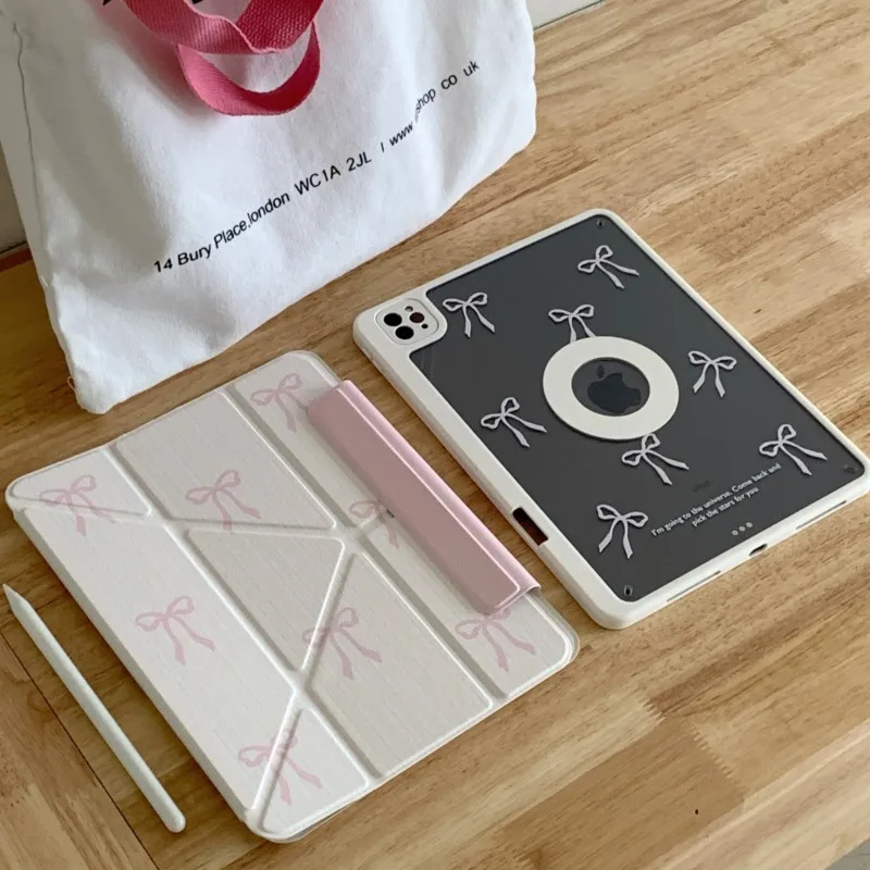 

Cute Pink Bowknot Striped Case for iPad Mini 6/7 8.3in 2017/2018 Air 1/2 9.7 5/6 Pro 9.7in 7/8/9th 10.2in Magnetic Stand Cover