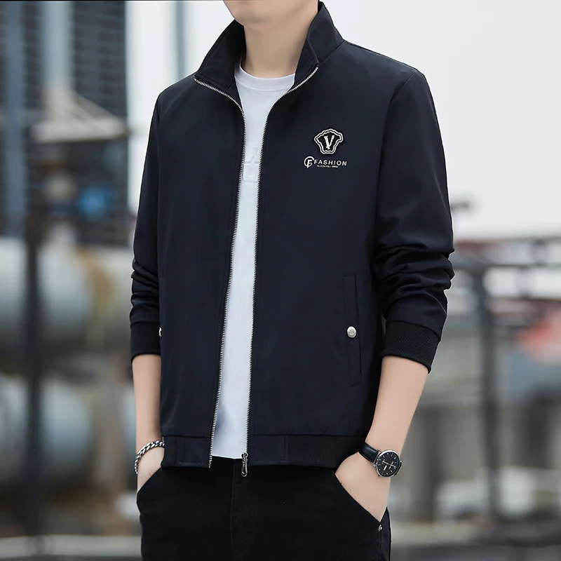 

Мужская повседневная модная бейсбольная куртка с вышивкой букв, воротником-стойкой, весенне-осенняя верхняя одежда из полиэстера, приталенный крой