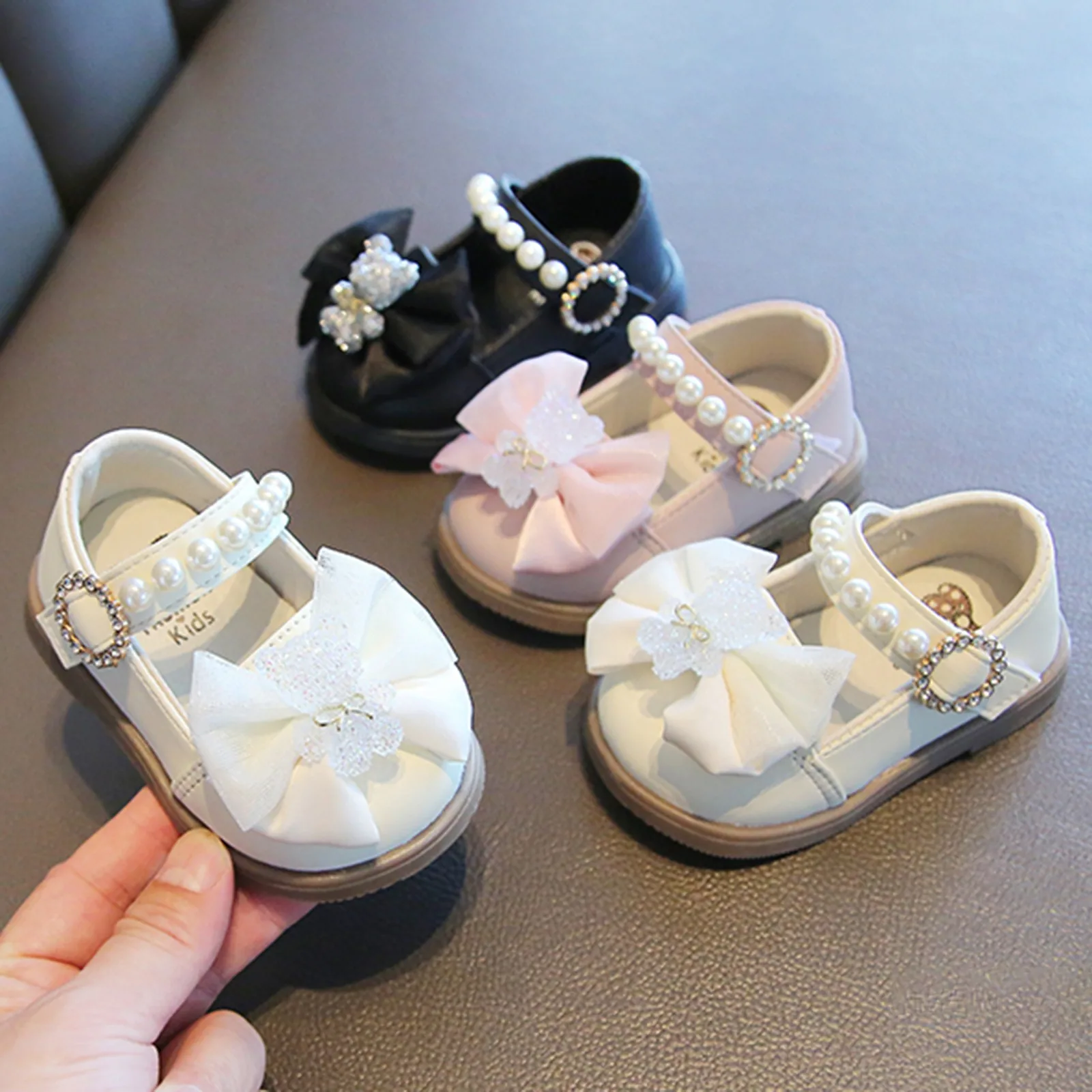 Cute Princess Shoesbow Pearl Teddy Bear Single Shoes For Girls Leather Shoes Girls Mary Jane Shoes For Baby Girls Walking Shoes