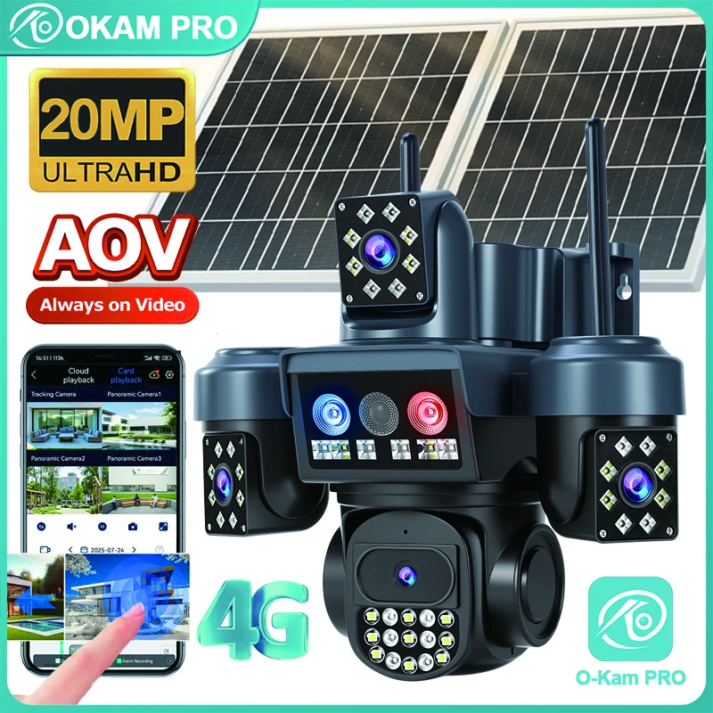 

OKAM PRO 12000MAh Battery AOV Solar Camera 4 Lens HD 20MP 4G Camera Lights Alarm Smart Ai Human Detection Night Vision Intercom