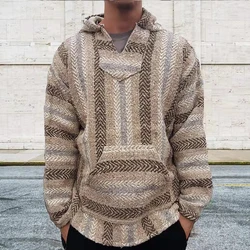 Vintage Stripe Hoodie Sweater for Men Winter Warm Knitted Long Sleeve V-neck Pullover Jumper Pocket Spring Men's Harajuku Tops