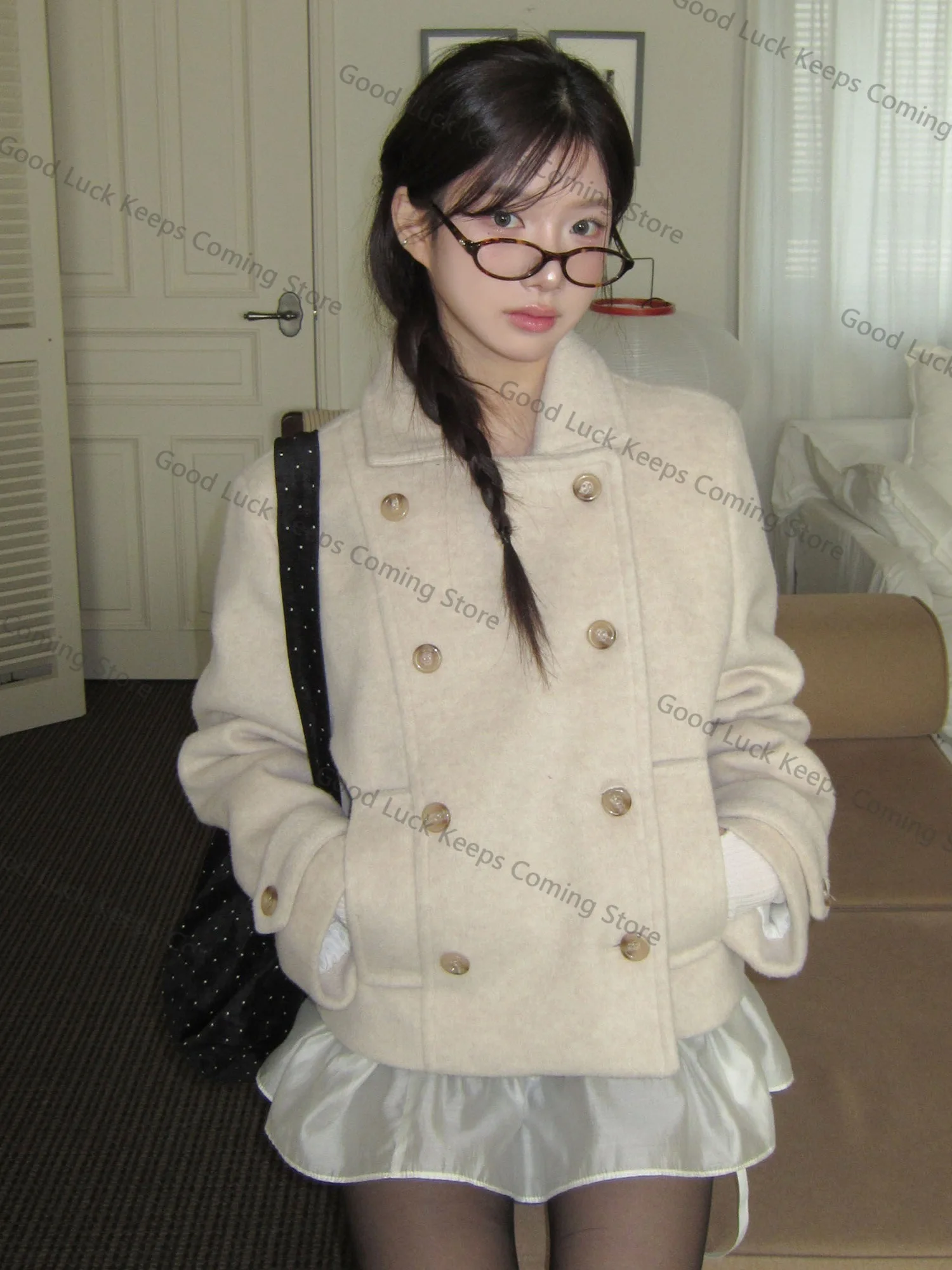 

2225 ретро корейское двубортное шерстяное пальто женское милое Agel Ele универсальное осенне-зимнее новое поступление пальто