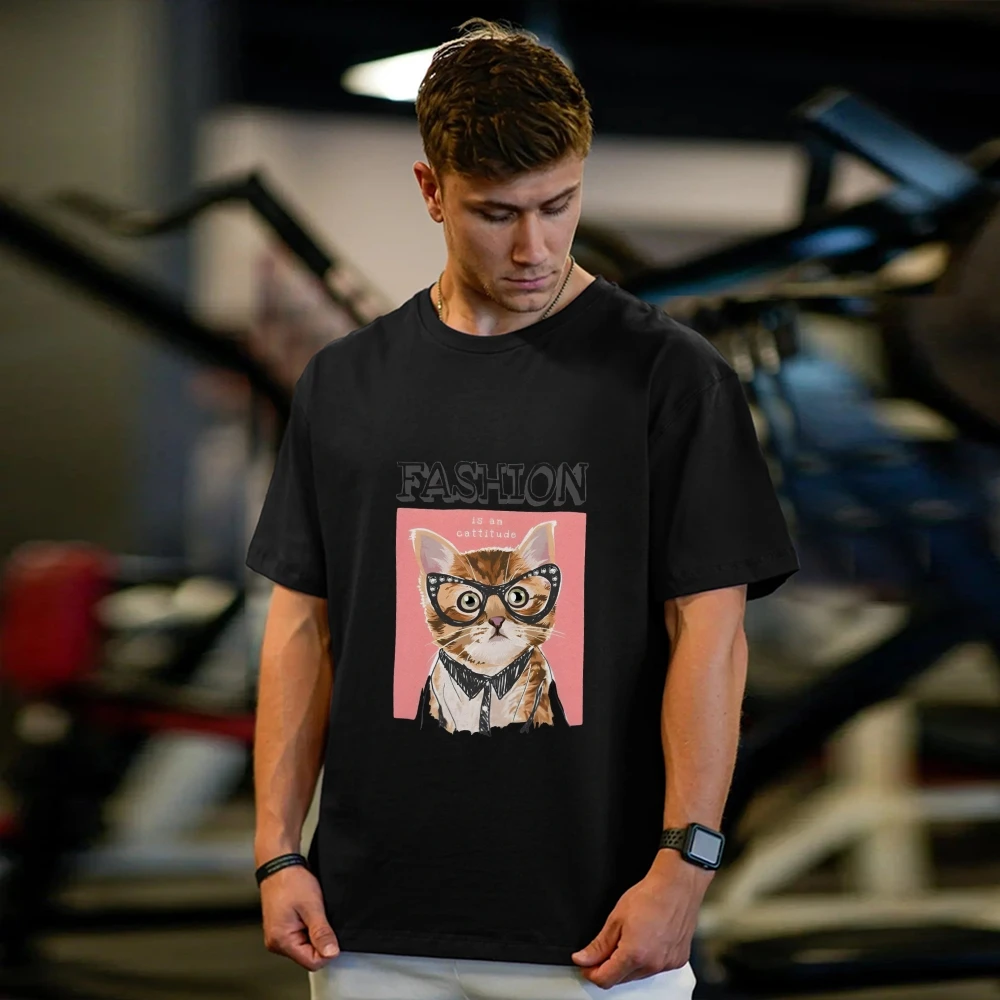 

2025 трендовая унисекс модная футболка с кошачьим узором, повседневная свободная футболка с круглым вырезом и коротким рукавом, летние стильные уличные футболки Aliexpress