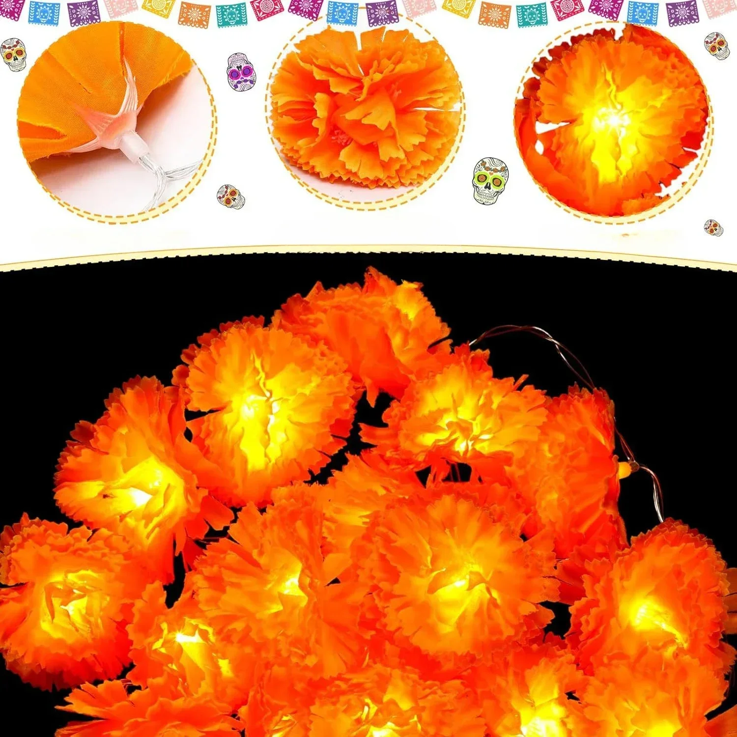 1.5m/3M Marigold Artificial Flowers Day of The Dead DIY Home Outdoor Indoor Decor Halloween Diwali Party Garland String Lights