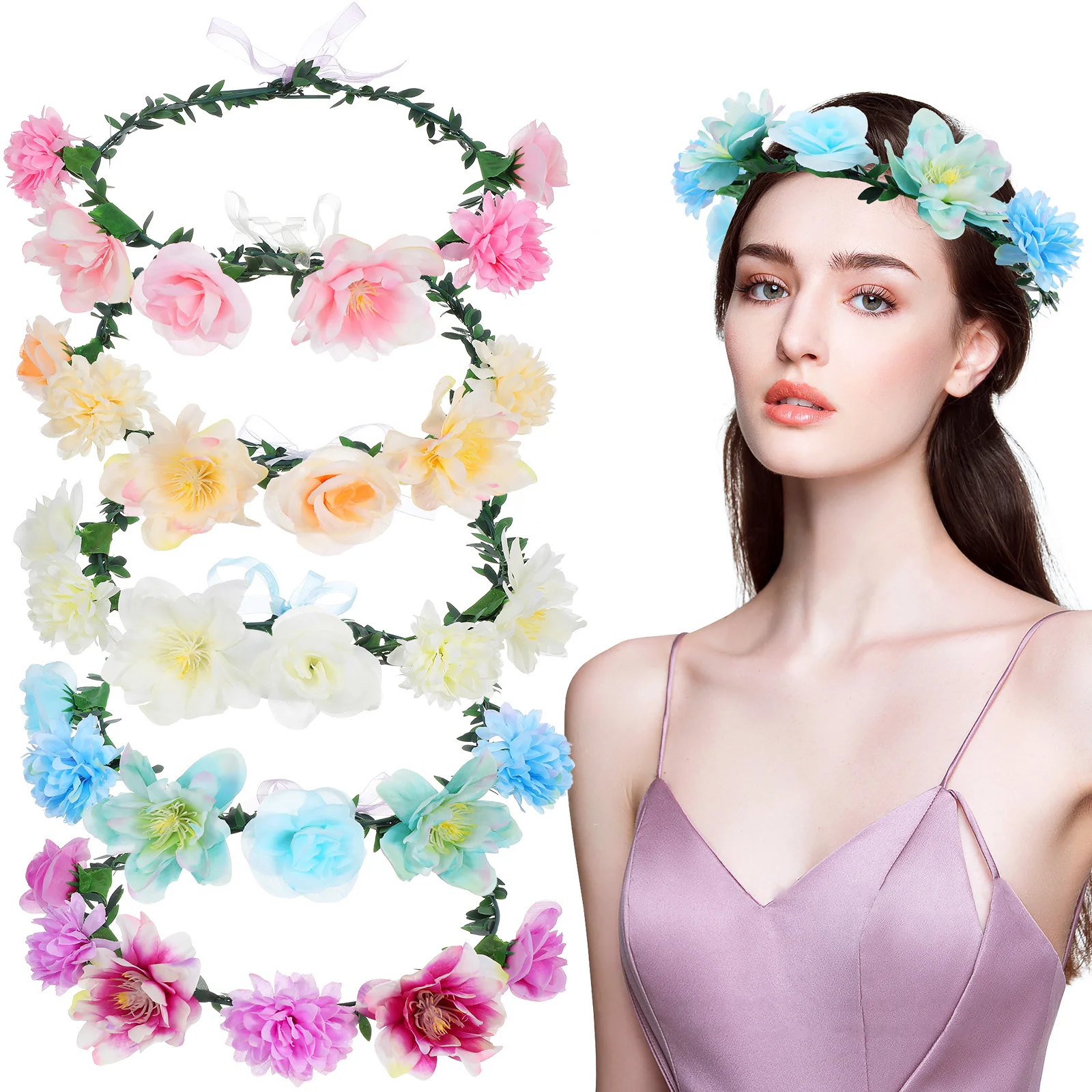 

5 Pcs Princess Flower Headbands White Beige Blue Non Glow Bridal Hair Accessories Women Girls Party Stage