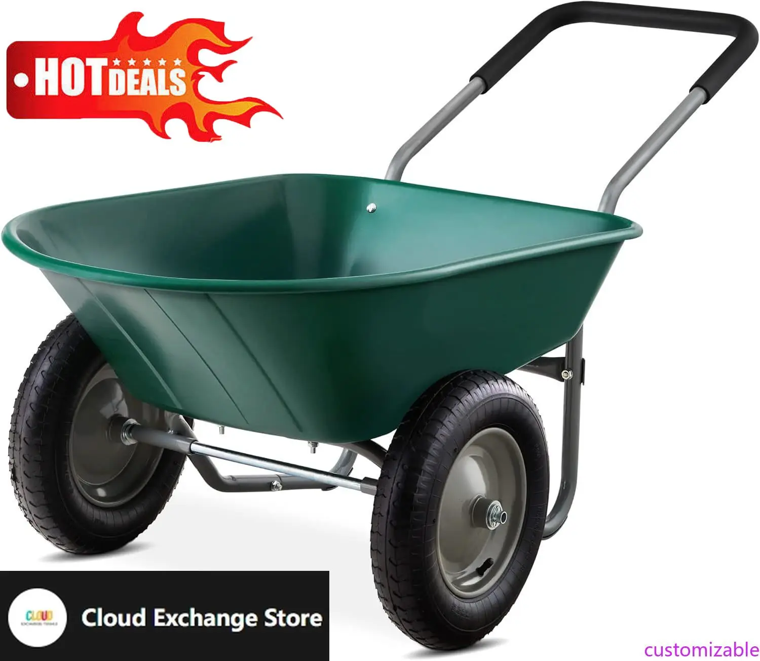 

Customizable-Dual-Wheel Home Utility Yard Wheelbarrow Garden Cart W/Built-in Stand For Lawn, Gardening, Construction - Green