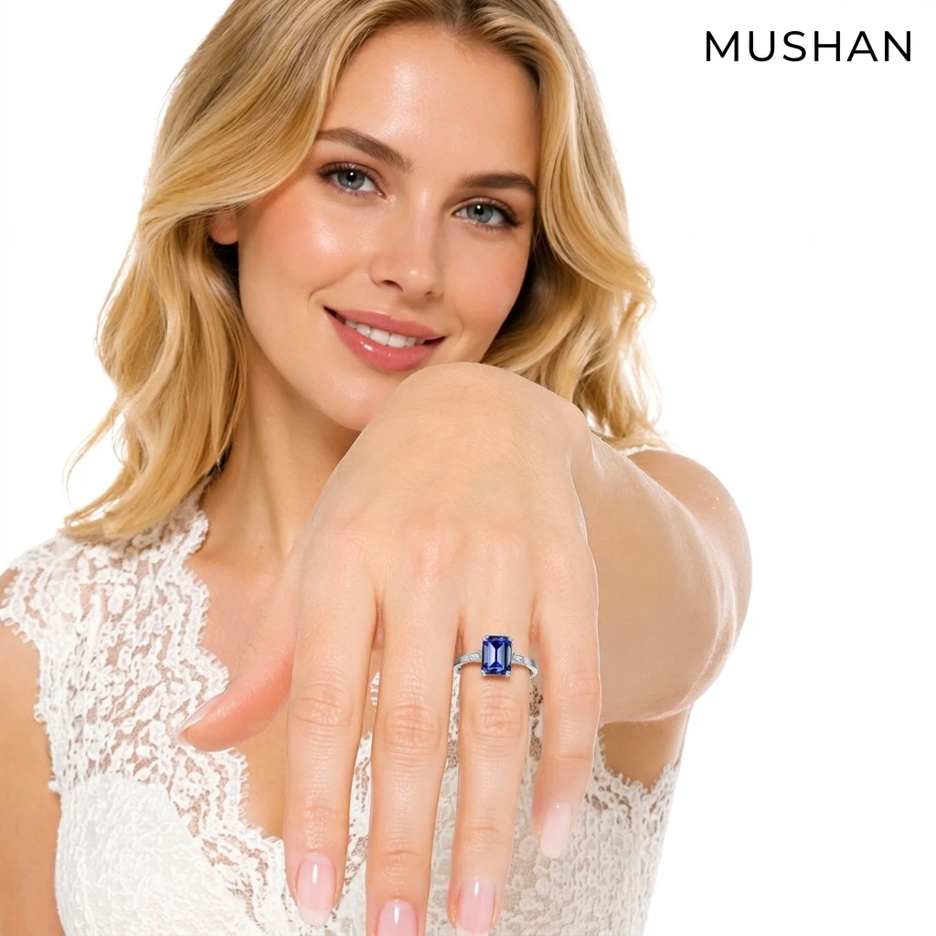 MUSHAN Luxury Jewelry 2.5 Carat Rectangular 6*8mm Tanzanite Sapphire Sterling Silver Ring For Women