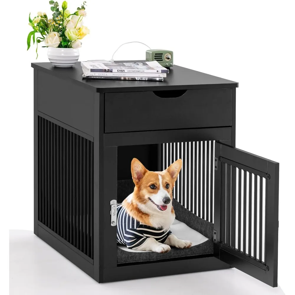 Dog Crate Furniture, Decorative Dog Kennel End Table with Storage Drawer, Wired & Wireless Charging, Lockable Indoor