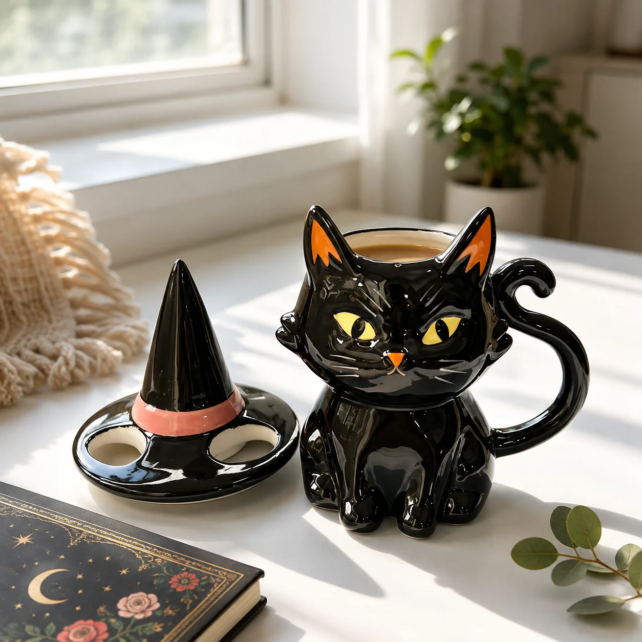 Ceramic Coffee Mug Cup With Lid Halloween Black Cat Witch Hat Tea Cup Cute Cartoon Drinkware Birthday Christmas Gift For Friend