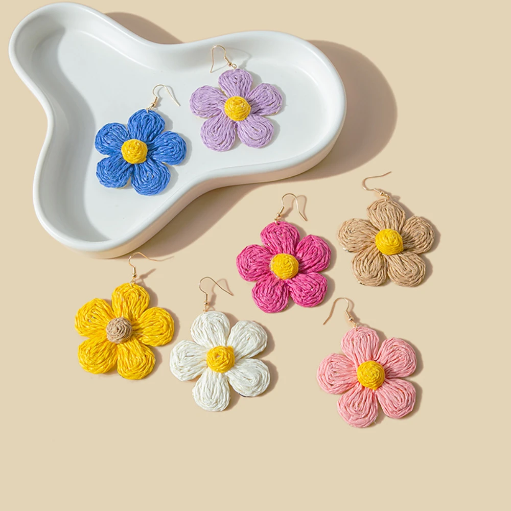 Hand-Woven Raffia Sweet Color-Block Flower Earrings With Personality Exaggerated Garlands Niche Earrings