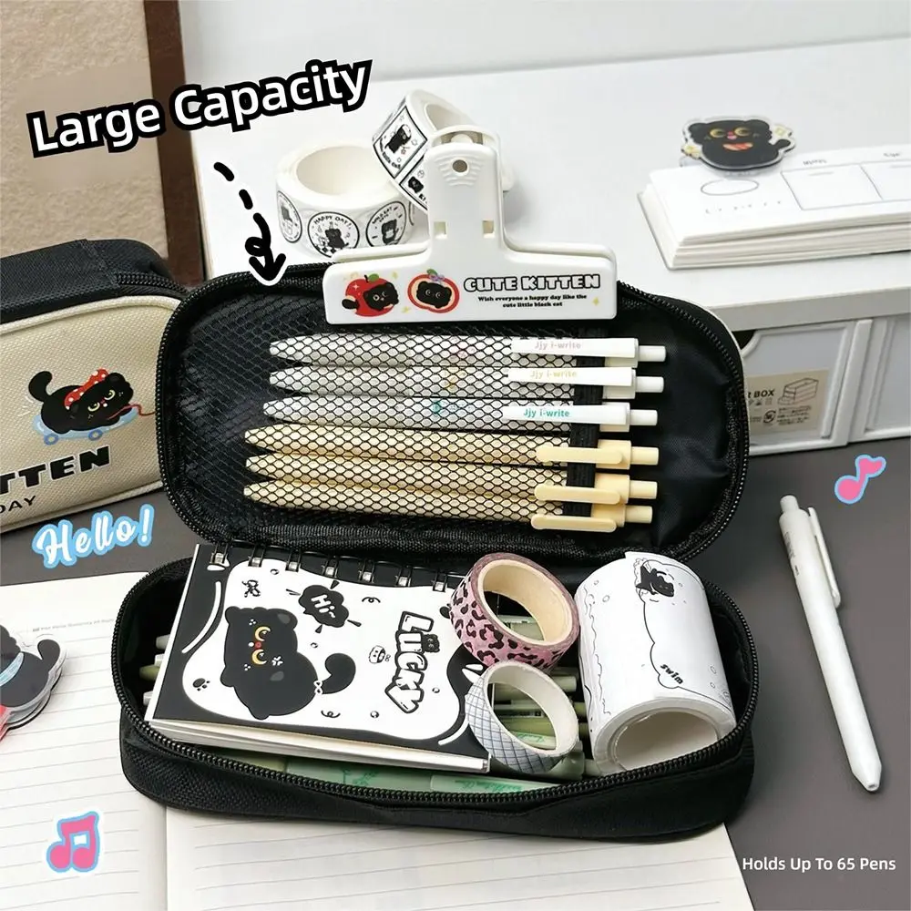 

New Black Cat Pattern Pen Bag Large Opening Design Large Capacity Pencil Case Stationery Organizer School Office