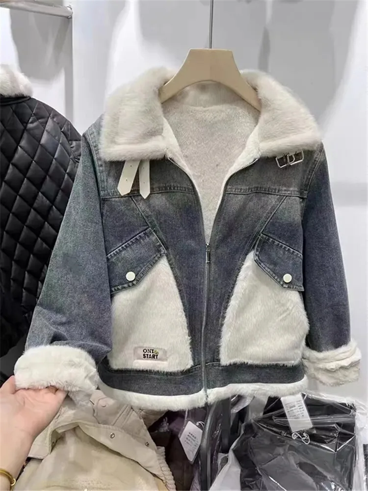 

Autumn Winter Womens Thicken Warm Denim Coats Fashion Splicing Casual Loose Jean Jacket Vintage Female Plush Outerwear Chaquetas