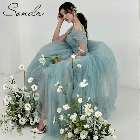 Sondr 신상원피스,한국 웨딩 드레스,소프트 Tulle 민트 그린 웨딩 드레스 한국어 맞춤형 오프 숄더 웨딩 스냅 드레스 리셉션 드레스 2025