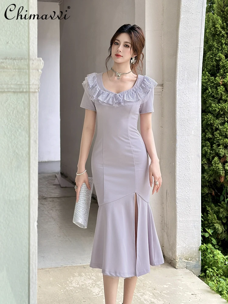 Französisches elegantes Fischschwanz-Bodycon-Kleid, Sommer, Rüschen, Rundhalsausschnitt, kurze Ärmel, hohe Taille, schlankes Schlitz-Temperament, langes Kleid für Damen