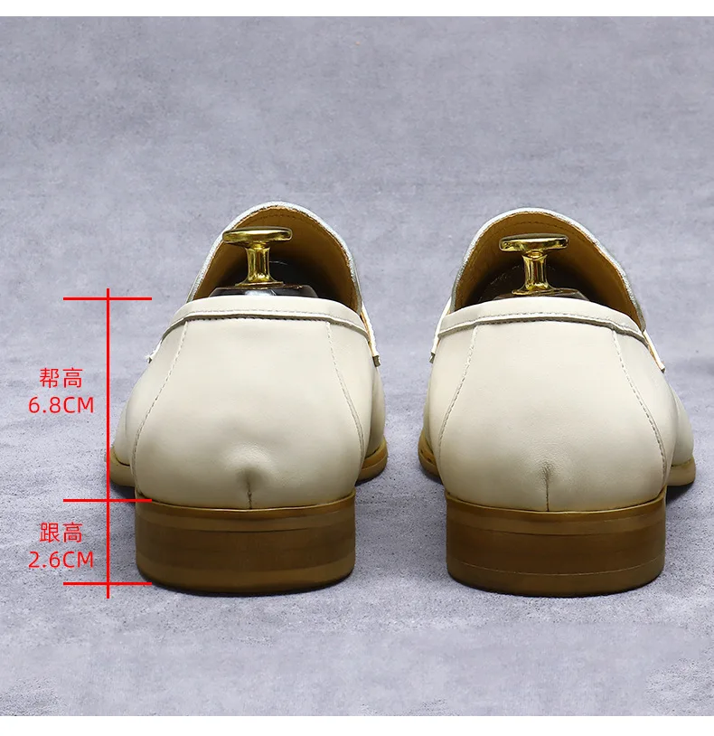 Men's Luxury White Genuine Leather Penny Loafers Stitched Pointed Toe Slip On Low Block Heel Wedding Business Footwear for Men