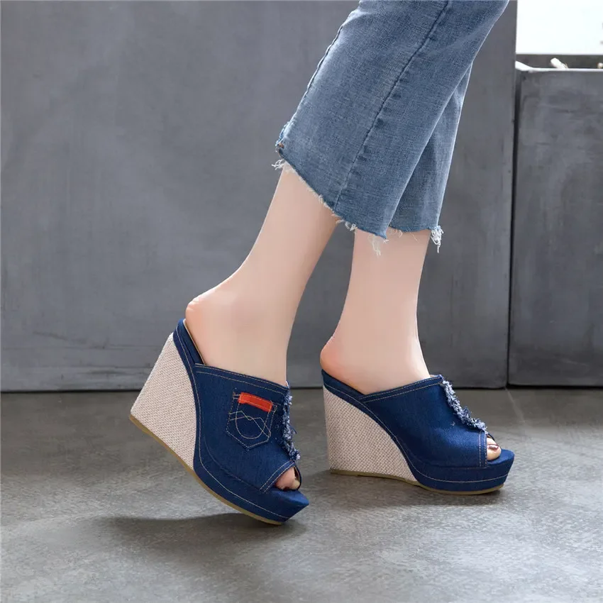 Plus size feminino plataforma chinelos preto azul denim salto alto cunha mules casual festa clube senhoras verão praia peep toe slides