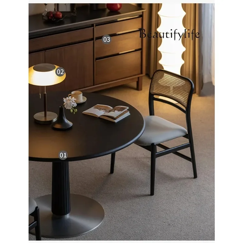 

Wabi Sansan Black Walnut Solid Wood Leather Dining Table Chair Household Rattan Retro Backrest Dining Chair