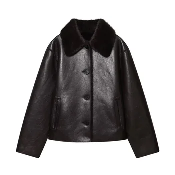 Women's Jacket 2025 Autumn/Winter New Arrivals Dark Brown Long-Sleeve Faux Leather…