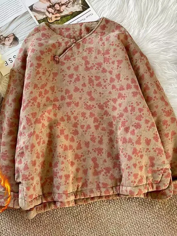 

Warmth Cotton Jaet for Women Chinese Sle Thiened Winter Coat Floral Print Stand Collar Long Sve Straight Cut Polyest...