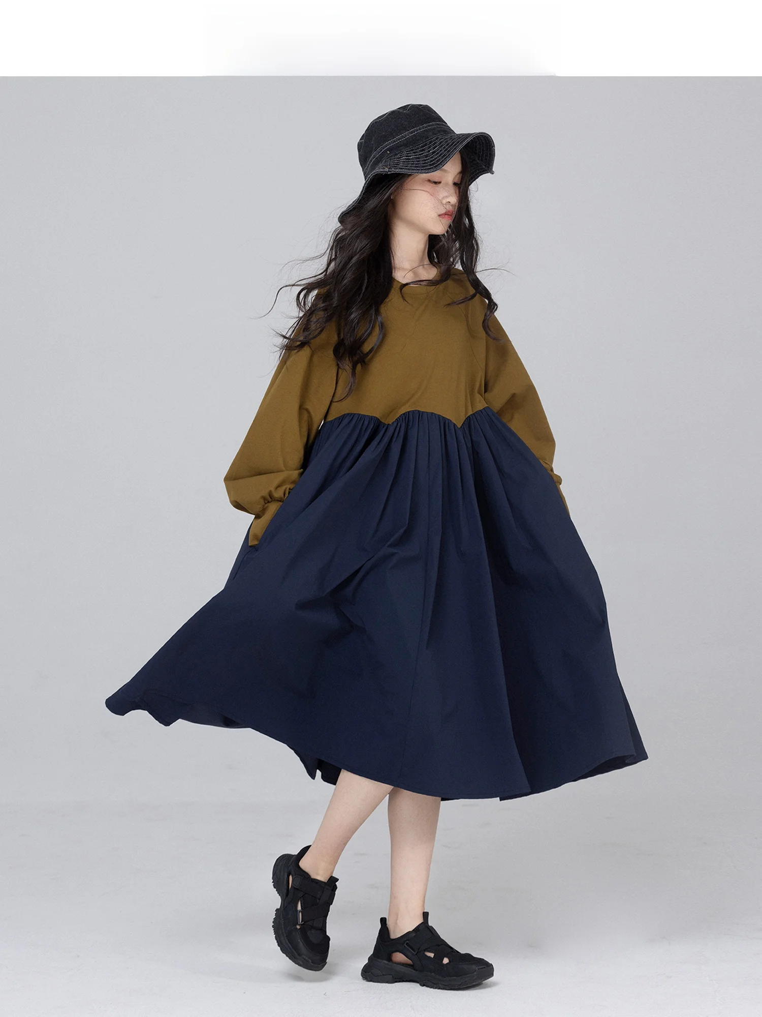 korean-sle-color-blo-big-skirt-dr-children's-spring-autumn-girls-retro-artistic-skirt-loose-fit-long-sve-mid-length