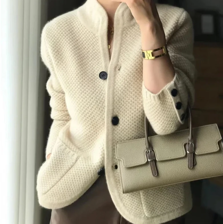 

Fashionable Thickened Cashmere Knitted Open Cardigan Autumn Winter New Style Base Layer Stylish Trendy Stand Collar Sweater