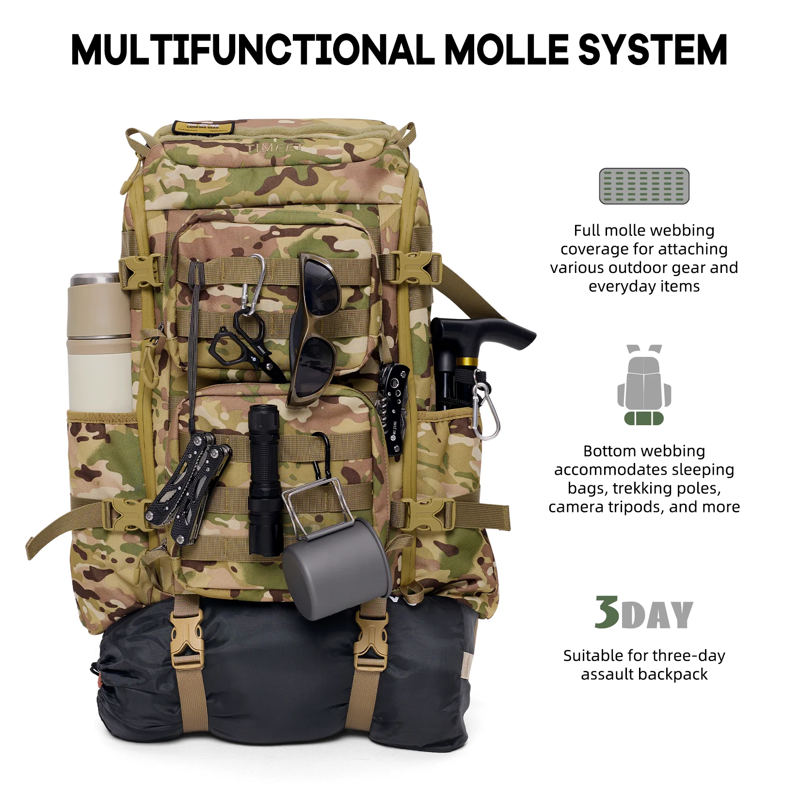 Timeet 26L حقائب الظهر التكتيكية للرجال حقيبة تسلق الجبال حقيبة تسلق في الهواء الطلق المشي لمسافات طويلة التخييم حقيبة ظهر للسفر حقيبة لابتوب