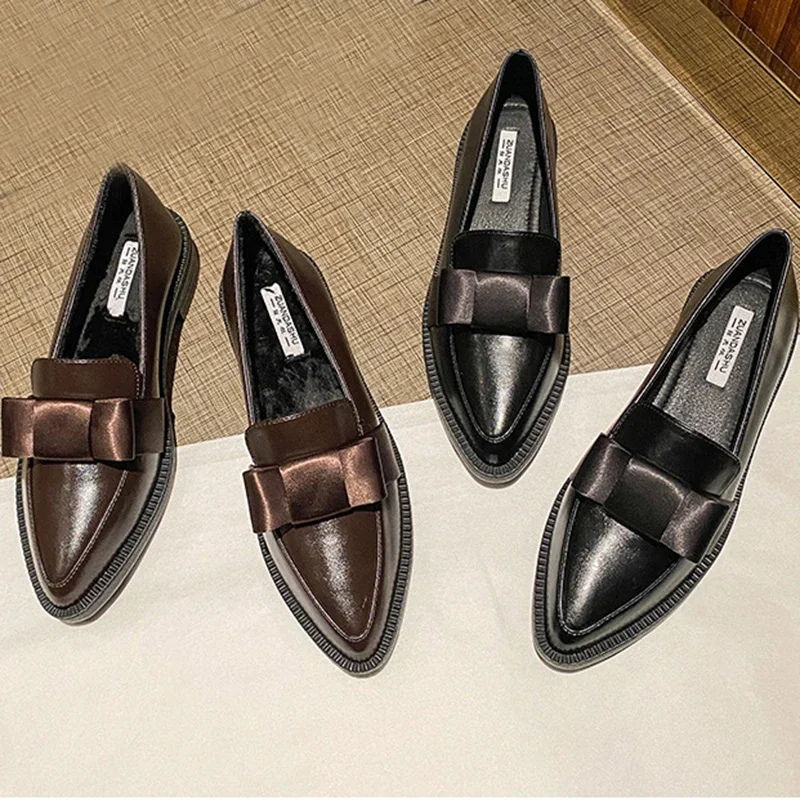 2022 Retro Bowknot Oxfords Woman Flats Slip On Thick Heels Loafers British Pointed Toe Small Leather Shoes Women Plus Size 40/42