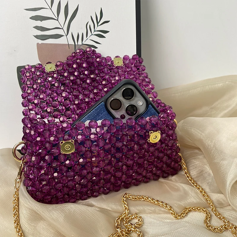 Acrylic Hand Woven Beaded Small Square Messenger Bag Handmade Box Vertical Mini Dinner Evening Crossbody Bags Purse Metal Chain