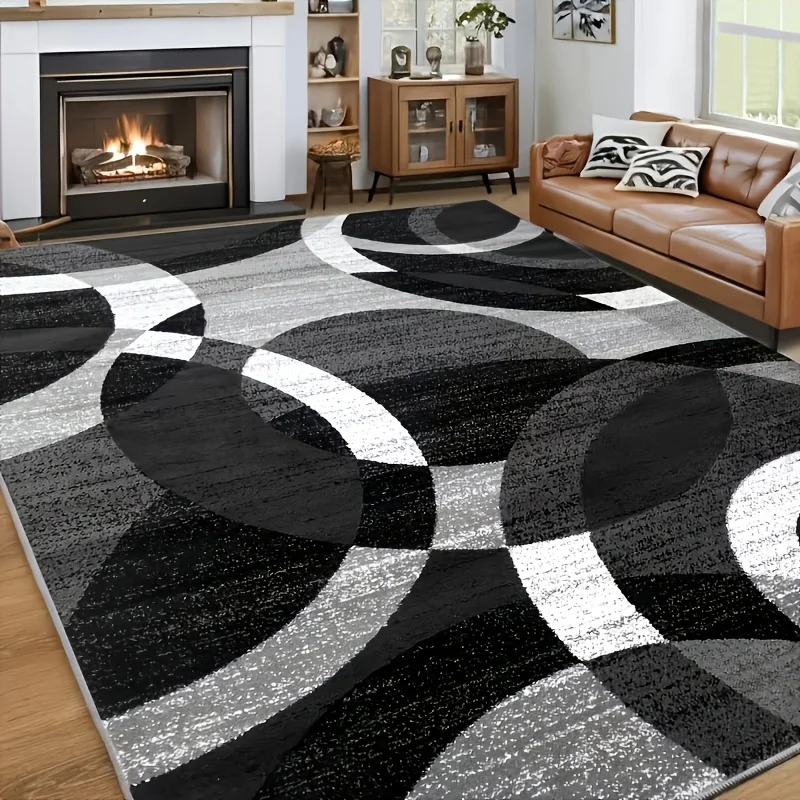 VIKAMA Modern Abstract Area Rug Black Gray White Swirl Design Anti‑Slip Floor Mat For Living Room Study Home Decor