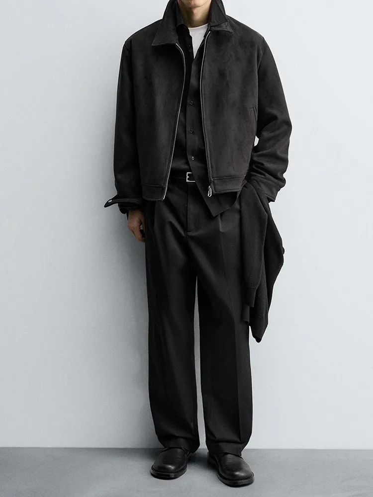 

Ele Velvet Texture Slim Fit Straight Jaet Coat для мужчин, осеннее новое повседневное длинное пальто на молнии с застежкой-молнией