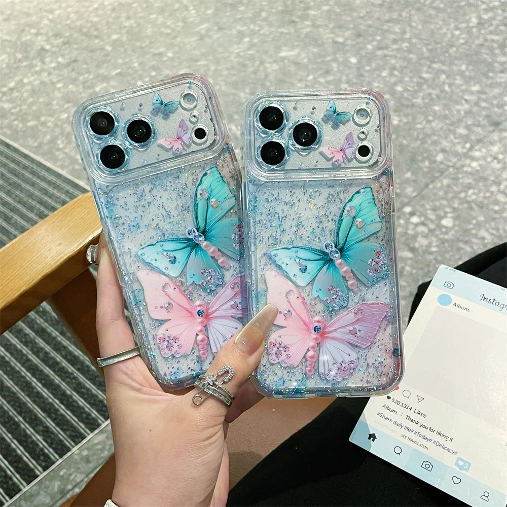

Luxury Glitter Clear Butterfly Printed Phone Case for iPhone 17 Pro Stylish Sparkling Diamond Edge Cover for iPhone 16 15 14 13