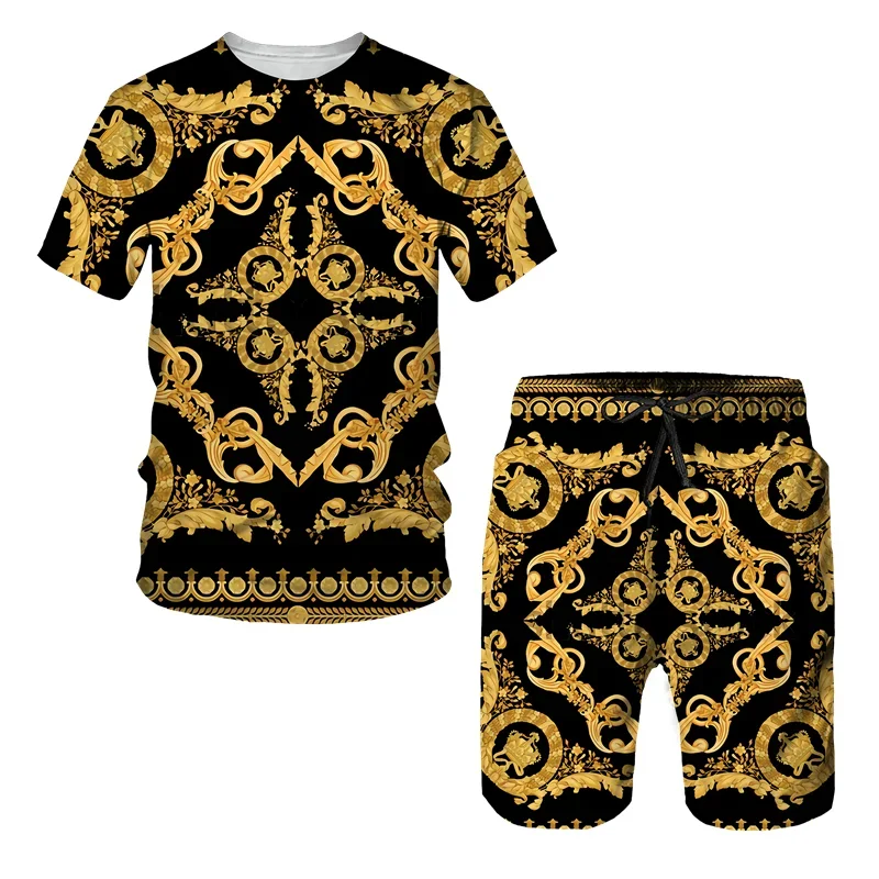 Estate New Golden Lion Statue Pattern t-shirt da uomo Set 3D Print t-shirt da uomo/pantaloncini/vestito stile barocco Streetwear Set da uomo di lusso